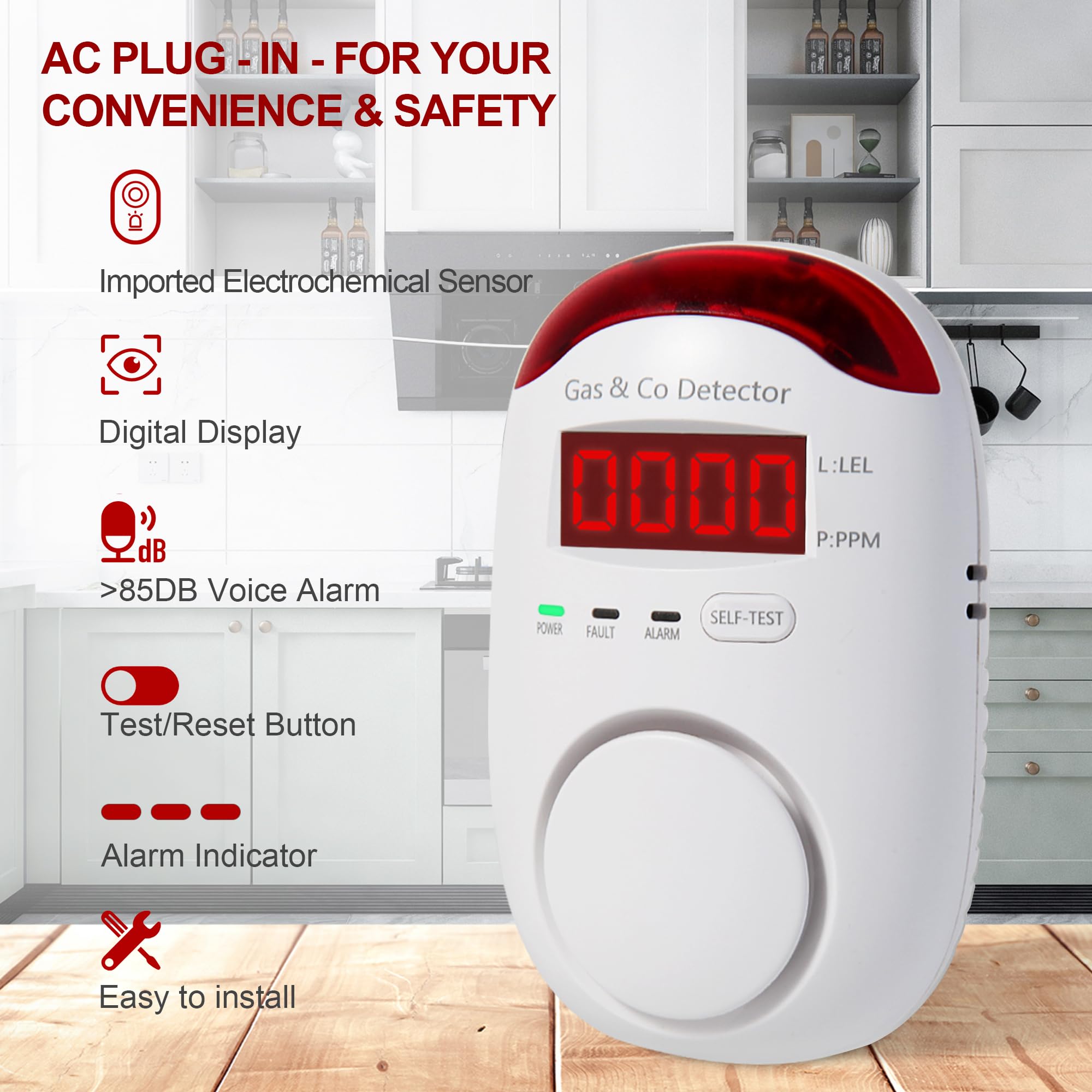 Co Detector Plug - 複合式ガス・一酸化炭素検知器。プラグイン式で、天然ガス検知器と一酸化炭素警報器の2つの機能を1つに。CO検知器、プロパンガス検知器。家庭用、RV用。設置が簡単。